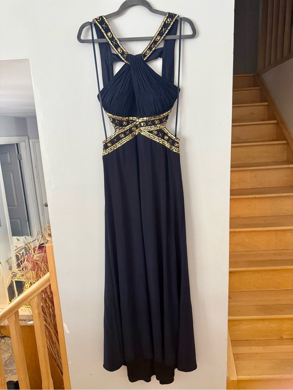 Betsy & Adam Black Gold Halter Gown Embroidered Chiffon Formal Prom